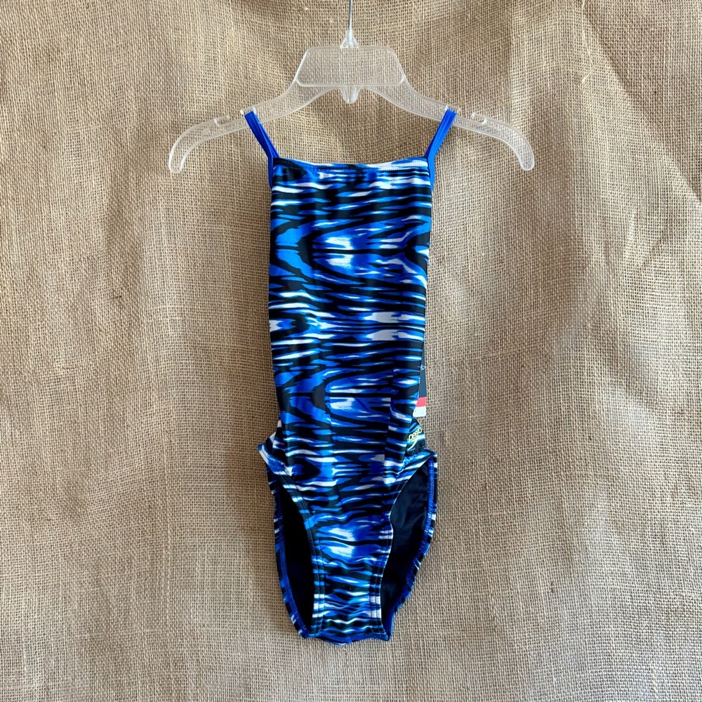 SPEEDO PRO LT Women’s Wave Wall Crossback One Piece Swimsuit Blue Pattern Sz 28